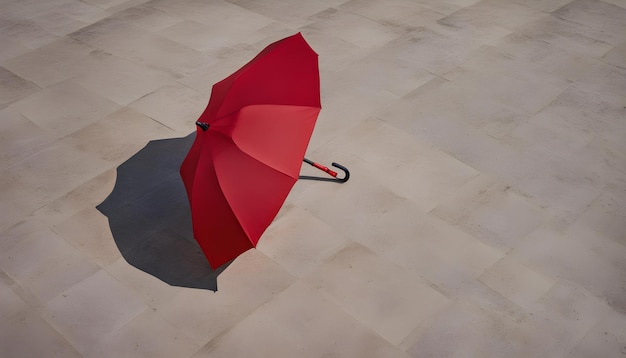 Zdjęcie czerwony parasol z czarnym uchwytem leży na drewnianej podłodze