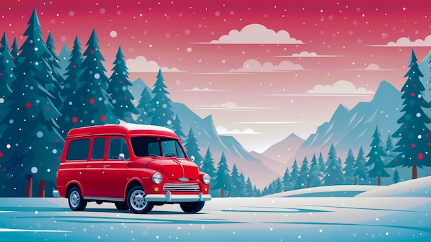 Czerwony pickup na tle zimowego krajobrazu w stylu kreskówki Płaska ilustracja Generatywna sztuczna inteligencja