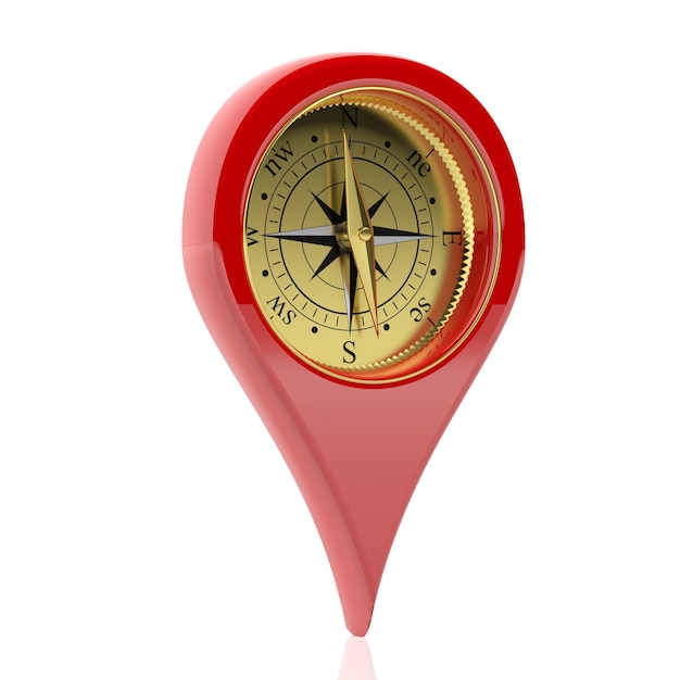 Czerwony pin pointer z kompasową tarczą odizolowywającą na białym tle