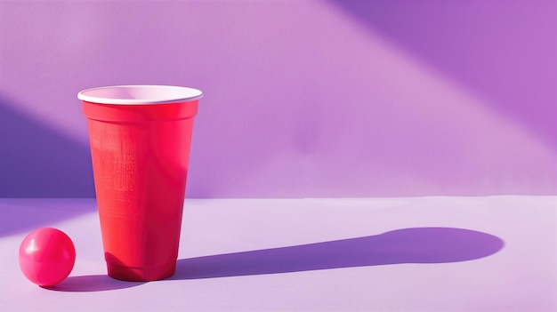 Czerwony plastikowy kubek z białą piłką do ping-ponga na fioletowym tle tworzący zabawny nastrój