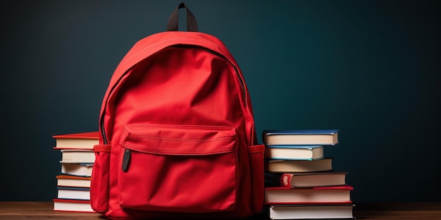 Czerwony plecak i stosy książek gotowe na dzień studiów