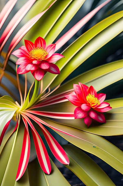 Zdjęcie czerwony pochodnia kwiat imbiru z kropelami deszczu na zielonym liście palmy i białym tle tropikalnych lasów deszczowych