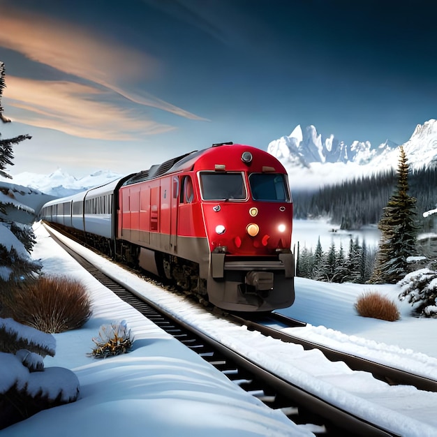 Czerwony pociąg jedzie przez śnieżny krajobraz z górami w tle.