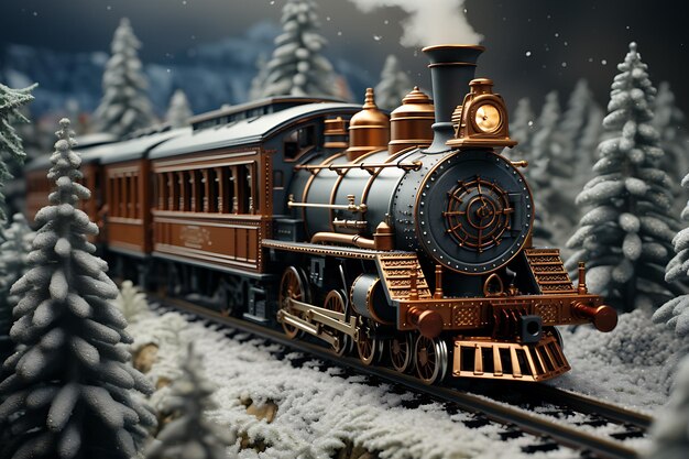 czerwony pociąg Świętego Mikołaja w zaśnieżonym lesie zimą