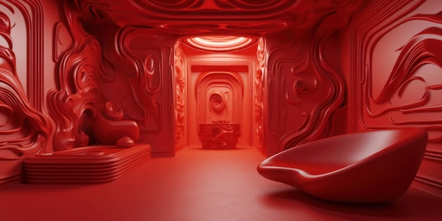 Czerwony pokój z miską na podłodze i kanapą na środku.