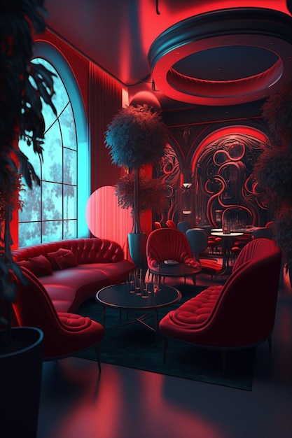 Czerwony pokój z okrągłym stołem i krzesłami.