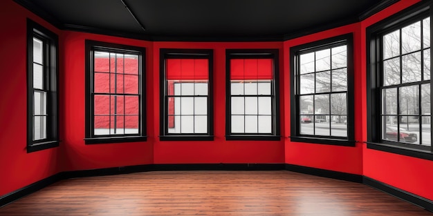 Czerwony pokój z ramkami z czarnymi oknami i białymi funacjami