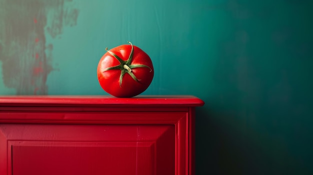 Zdjęcie czerwony pomidor na czerwonej szafce na turkusową ścianę