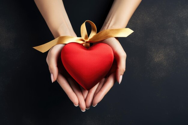 Zdjęcie czerwony prezent w kształcie serca w rękach kobiety związany złotą wstążką