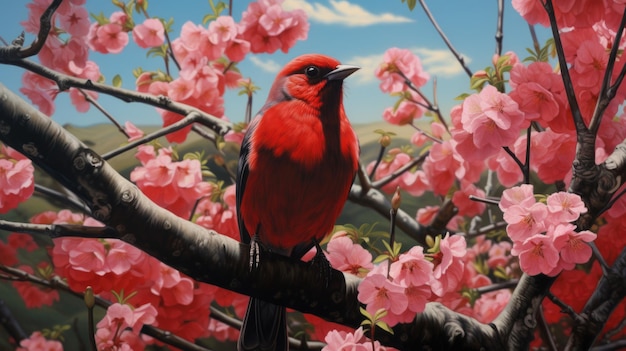 Czerwony ptak siedzący na gałęzi drzewa nadaje się do projektów o tematyce przyrody i treści związanych z ptakami