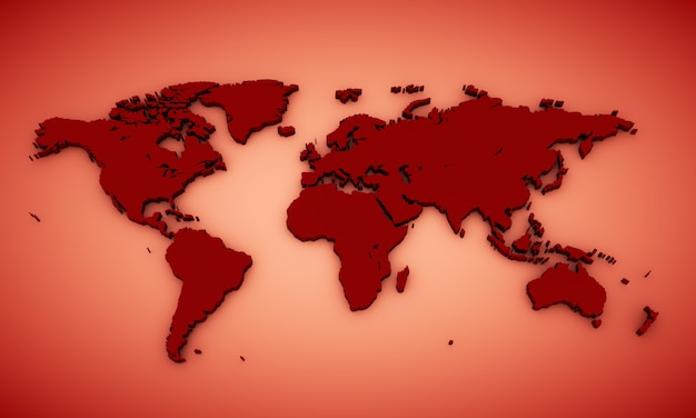 Czerwony Render 3d Mapa świata Z Upuszczonym Cieniem Na Tle. Tapeta Tematyczna Na Całym świecie.