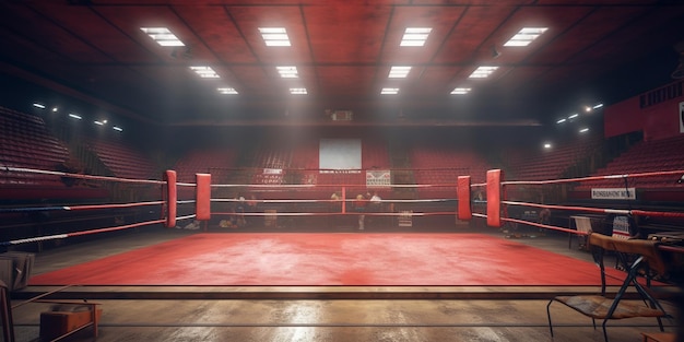 Czerwony ring bokserski na pustej arenie z wygenerowaną sztuczną inteligencją