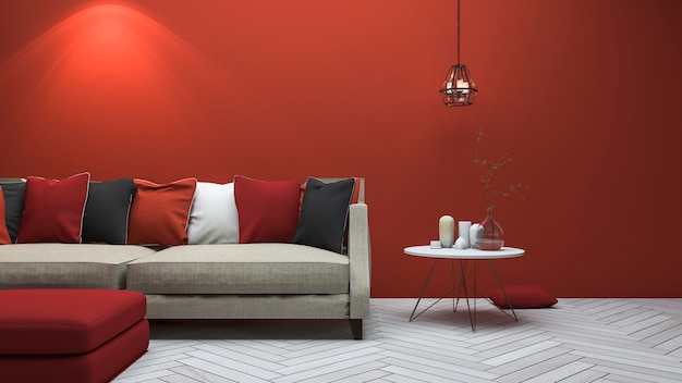 czerwony salon w nowoczesnym stylu z minimalistycznym wystrojem