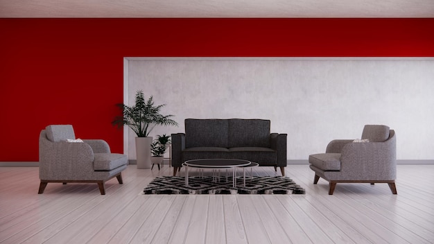 czerwony salon z szarymi sofami
