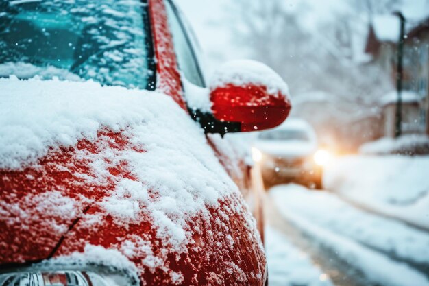 Czerwony samochód częściowo zasłonięty śniegiem wyświetla jego przód i pokryte śniegiem lusterko wsteczne. Matowa przednia szyba oznacza niedawną zimową pogodę z rozmytym pojazdem w tle