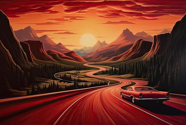 czerwony samochód jadący autostradą w dół w kierunku górskiej scenerii w stylu wysublimowanej dziczy