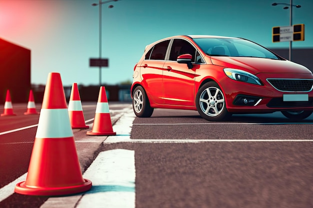 Czerwony samochód na parkingu otoczony stożkami drogowymi 3D renderuje fotorealizm stylizowaną ilustracją
