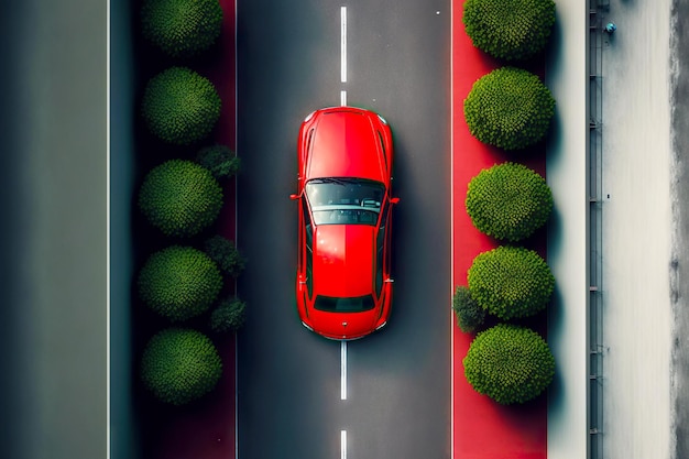Czerwony samochód stoi wzdłuż parkingu z widokiem na ulicę