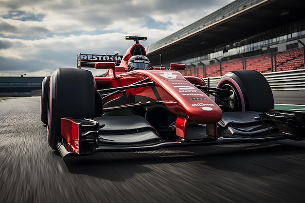 Czerwony samochód wyścigowy Formuły 1 przyspieszający na profesjonalnym torze wyścigowym