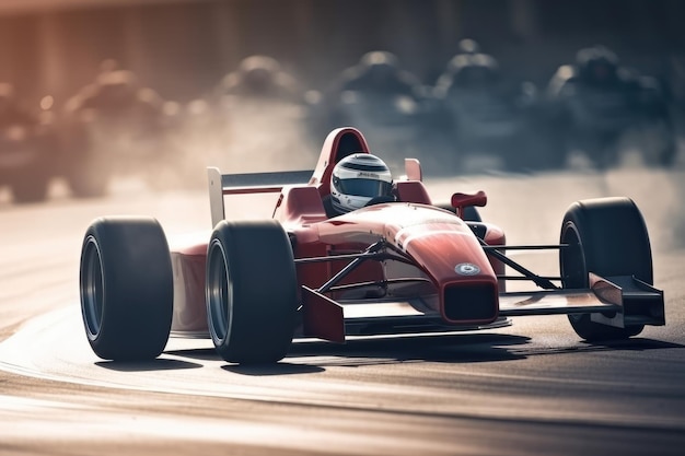 Czerwony samochód wyścigowy formuły na torze renderowania 3d Styl vintage Sport samochodowy wyścigowy formuły jeden w torze wyścigowym AI Generated