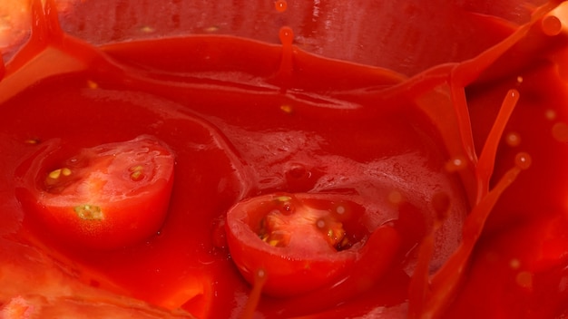 Czerwony sklep spożywczy tło soku pomidorowego z zbliżeniem powitalny pomidor