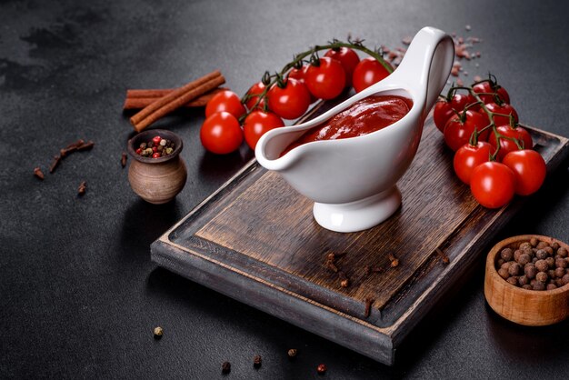 Zdjęcie czerwony sos lub ketchup w misce i składniki do gotowania