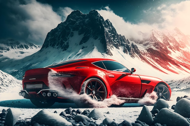 Czerwony sportowy samochód koncepcyjny w górach śniegu