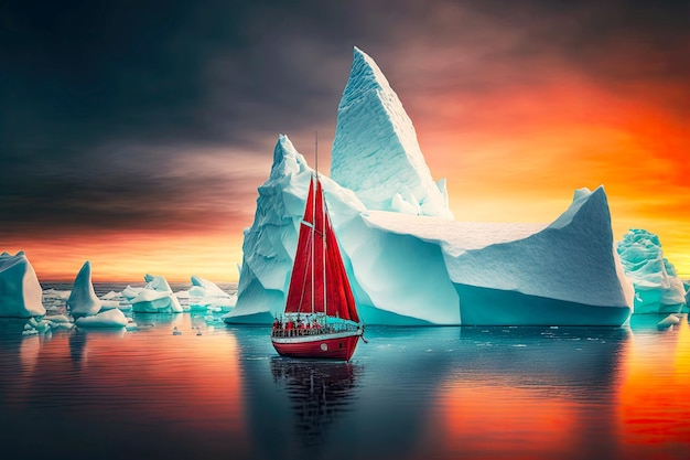 Czerwony statek rybacki płynący bardzo blisko pływającej góry lodowej