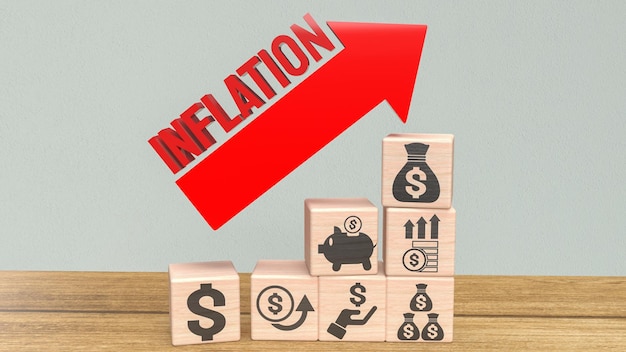 Czerwony tekst inflacji i ikona biznesowa drewniana kostka renderowania 3d