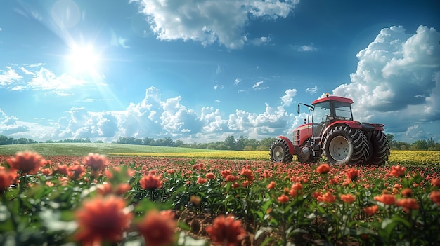 Czerwony traktor jest na polu kwiatów, a słońce świeci na chmurach.