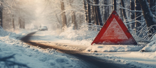 Czerwony trójkąt na zaśnieżonej leśnej drodze Zepsuty samochód z kołem zapasowym Poziomy baner internetowy