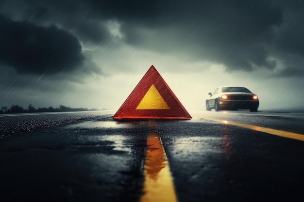 Czerwony trójkąt ostrzegawczy jest na mokrej drodze podczas złej pogody wypadek samochodowy Generative Ai