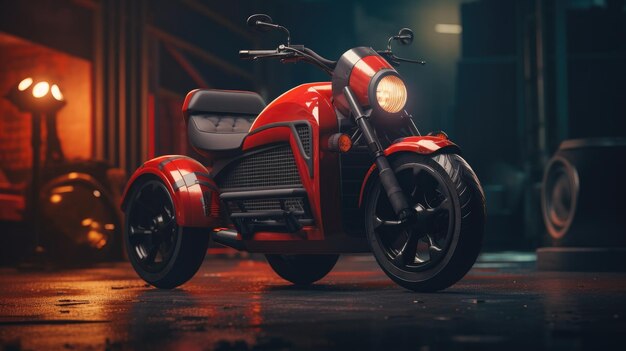 Zdjęcie czerwony trójkołowy mini motocykl zaparkowany w ciemnym pokoju lub garażu