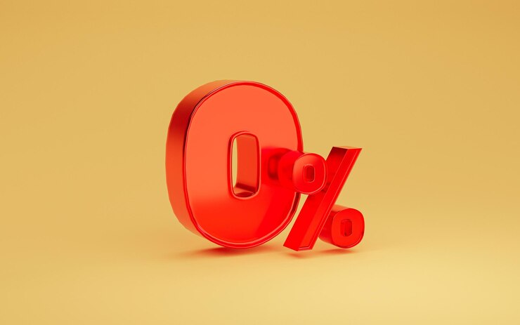 Zdjęcie czerwony zero procent lub 0 metaliczny dla specjalnej oferty rabatu w domu towarowym i koncepcji oprocentowania bankowego przez realistyczne renderowanie 3d