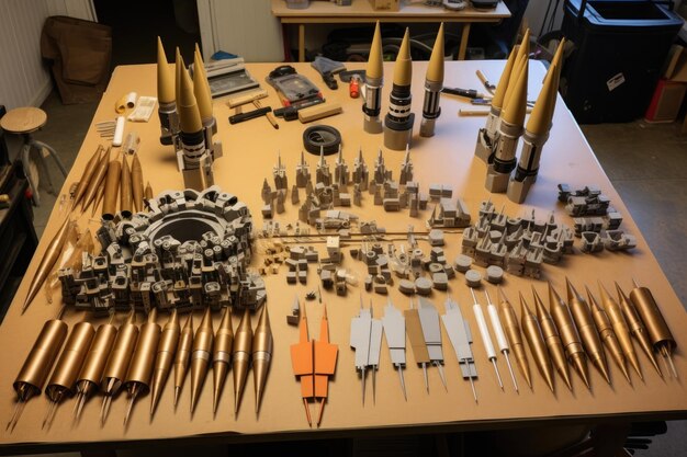 Zdjęcie części rakiety zorganizowane i przygotowane do montażu