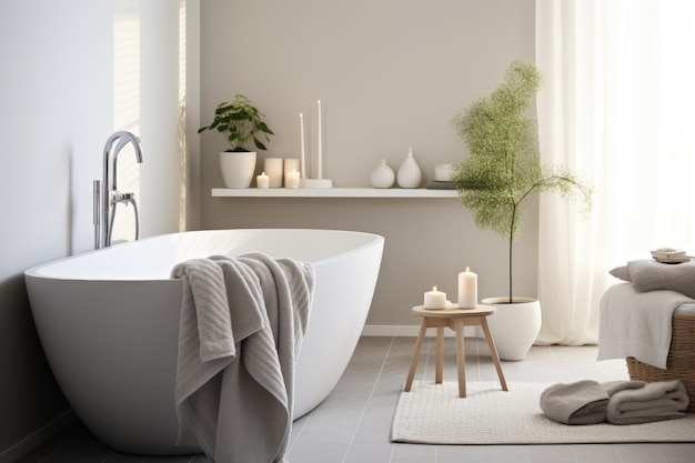 Zdjęcie częściowy widok mieszkania w stylu skandynawskim z ceramiczną białą wanną ozdobioną ręcznikiem