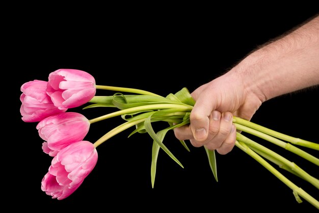 Zdjęcie częściowy widok z bliska mężczyzny trzymającego różowe tulipany na czarnym koncepcie międzynarodowego dnia kobiet