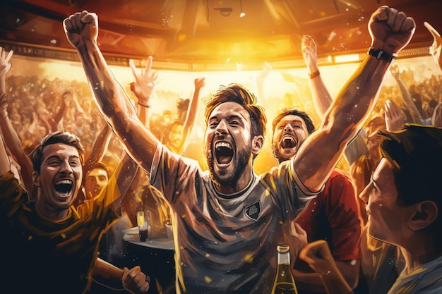 Zdjęcie członkowie klubu piłkarskiego kibicują swojej drużynie grającej w finale pucharu międzynarodowego wspierający kibice stojący w barze wiwatujący podnosząc ręce i krzycząc przyjaciele świętują zwycięstwo po bramce