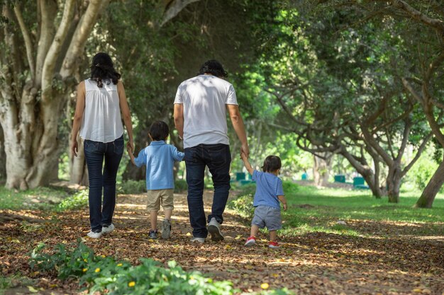Członkowie rodziny trzymający się za ręce i idący do tyłu w parku razem rodzina
