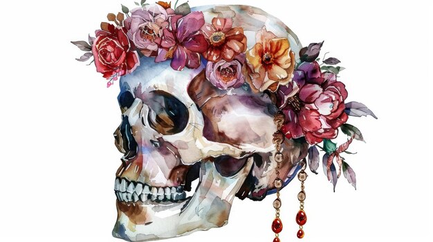 Człowiecza czaszka z kwiatowymi koronami i kolczykami Magiczna akwarela ilustracja gotyckiej królowej Zmarła diva maska halloween Dzień umarłych Ezoteryczna sztuka klipowa izolowana na białym