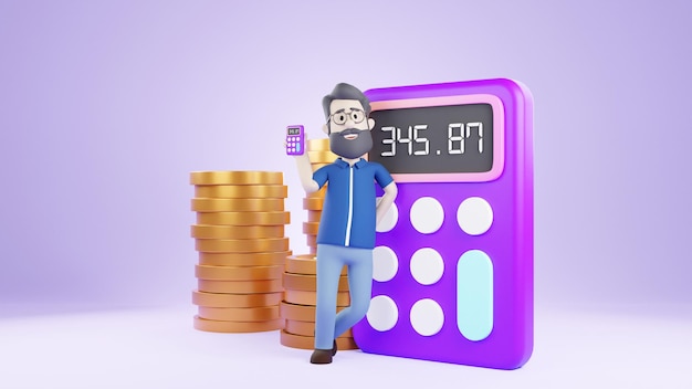 Człowiek 3D oparty na kalkulatorze podatkowym Organizuje zarządzanie majątkiem finansowym