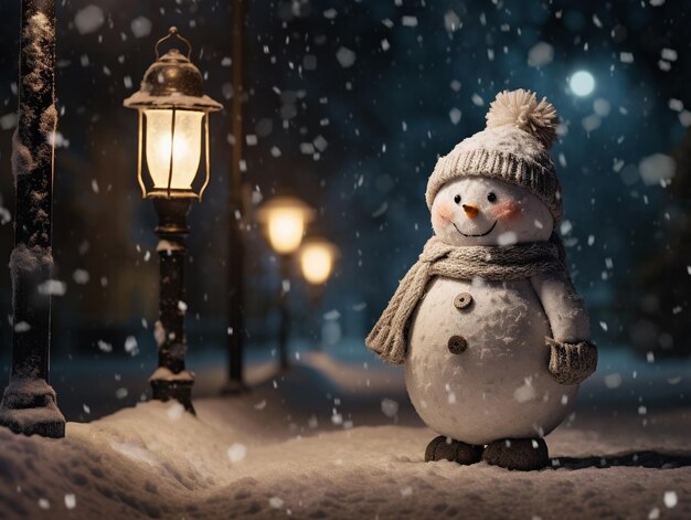 Człowiek bałwan stoi w pobliżu latarni ulicznej na ulicy w ciemną noc zimową