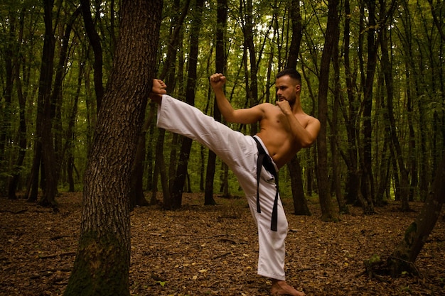 Zdjęcie człowiek bez koszuli ćwiczący karate przeciwko drzewom w lesie