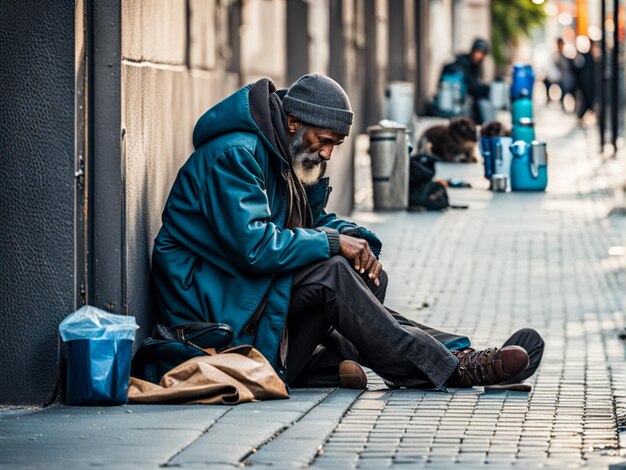 Człowiek bezdomny siedzący przy stole i pijący kawę w schronisku Bieda nuda bankructwo finansowe