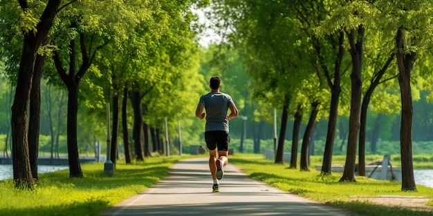 Człowiek biegający w parku z zielonymi drzewami w piękny letni dzień Sport fitness koncepcja Generatywna sztuczna inteligencja