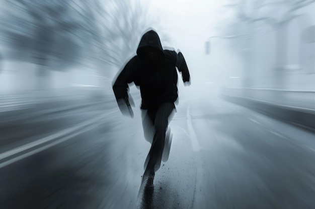Człowiek biegnący ulicą w deszczu