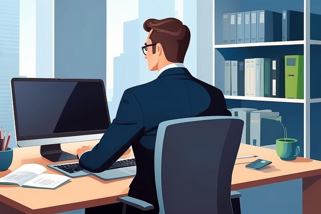 Człowiek biznesu Siedzący biurko Biuro Miejsce pracy Laptop Z tyłu Z tyłu