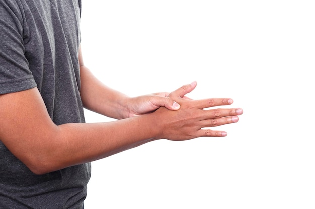 Zdjęcie człowiek cierpiący na ból w rękach na białym tle