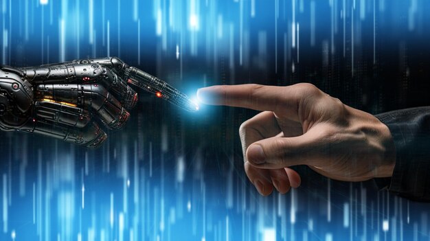 Zdjęcie człowiek dotyka rąk sztucznej inteligencji robot generatywna sztuczna inteligencja