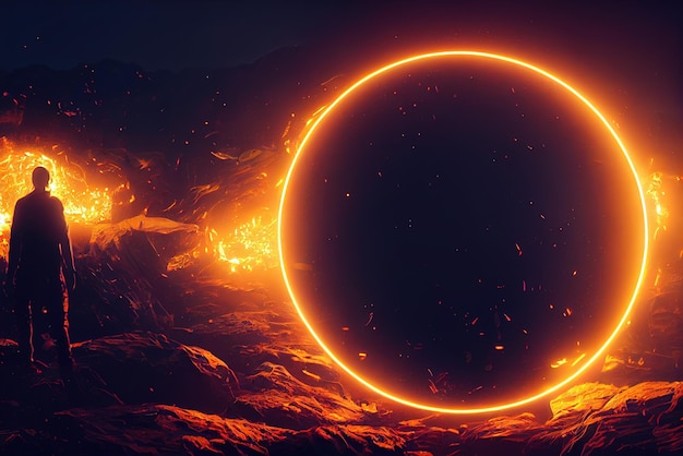 Człowiek dręczony przez pomarańczowe świecące dusze wiele świecących cząsteczek Pomarańczowy okrągły okrąg portalu